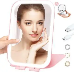 Koolstuffs Travel Mirror with Light with Battery-Powered | Rechargeable Portable Makeup Mirror, 3 Colors LED Lighting, Dimmable Touch Screen Koolstuffs Travel Mirror with Light with Battery-Powered | Rechargeable Portable Makeup Mirror, 3 Colors LED Lighting, Dimmable Touch Screen