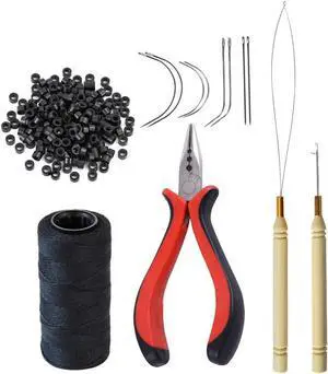 Hair Extensions Tool Kit: 200 Pcs Silicone Lined Micro Links Beads, 1 Three Hole Hair Pliers, 1 Roll Sewing Thread, 1 Loop Needle Threader, 1 Pulling Hook Needle, 8 Sewing Needles (Black) Hair Extensions Tool Kit: 200 Pcs Silicone Lined Micro Links Beads, 1 Three Hole Hair Pliers, 1 Roll Sewing Thread, 1 Loop Needle Threader, 1 Pulling Hook Needle, 8 Sewing Needles (Black)