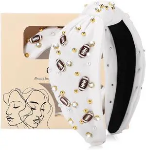 obeoby Football Knotted Headband For Women, Pearl Rhinestone, White | Polyester Fabric, Elastic Inner Band, Comfortable Fit, Classic Football Theme, For Game Day, Fans, Moms obeoby Football Knotted Headband For Women, Pearl Rhinestone, White | Polyester Fabric, Elastic Inner Band, Comfortable Fit, Classic Football Theme, For Game Day, Fans, Moms
