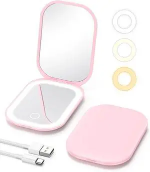 Gospire Lighted Travel Makeup Mirror with Light and Magnification 3X, Pink | Stepless Dimming, Three-Color Adjustable Lights, Rechargeable Battery, Compact Size for Purse and Portable Use Gospire Lighted Travel Makeup Mirror with Light and Magnification 3X, Pink | Stepless Dimming, Three-Color Adjustable Lights, Rechargeable Battery, Compact Size for Purse and Portable Use