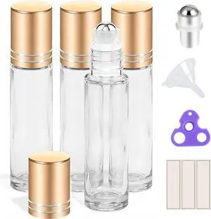 PrettyCare 4 Pack, 10 ml Essential Oil Roller Bottles with Stainless Steel Roller Ball - Refillable Leak-proof Empty Thick Clear Glass Roll on Bottles with Metal Caps for Travel, Perfume PrettyCare 4 Pack, 10 ml Essential Oil Roller Bottles with Stainless Steel Roller Ball - Refillable Leak-proof Empty Thick Clear Glass Roll on Bottles with Metal Caps for Travel, Perfume