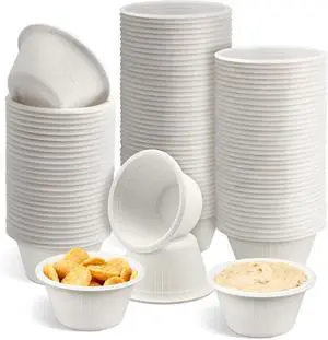LeonBach 100 Pack 2 oz Natural Bagasse Fiber Paper Bowls, White | Compostable Disposable Condiment Cup, for Sauce Dipping, Snack Sample Tasting, Microwavable Safe Biodegradable Food Container LeonBach 100 Pack 2 oz Natural Bagasse Fiber Paper Bowls, White | Compostable Disposable Condiment Cup, for Sauce Dipping, Snack Sample Tasting, Microwavable Safe Biodegradable Food Container