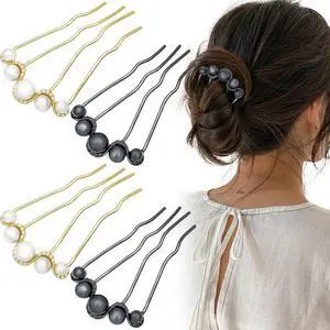Decorative Side Hair Combs for Women, Pearl French Twist Hair Pins | 3 Prong Hair Fork, Metal U Shape Hair Pin Clip for Buns, Updos - Gold & Black, 4pcs Decorative Side Hair Combs for Women, Pearl French Twist Hair Pins | 3 Prong Hair Fork, Metal U Shape Hair Pin Clip for Buns, Updos - Gold & Black, 4pcs