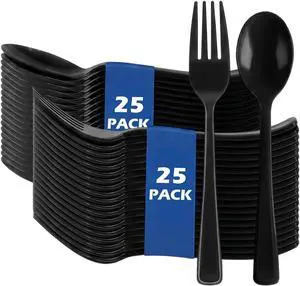 50 Count Black Disposable Plastic Forks and Spoons Set, Heavy Duty Cutlery for Party Wedding Birthday Picnic Camping, Durable Silverware Utensils 50 Count Black Disposable Plastic Forks and Spoons Set, Heavy Duty Cutlery for Party Wedding Birthday Picnic Camping, Durable Silverware Utensils