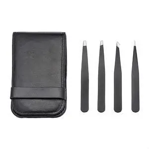 Amazon Basics Tweezers for Facial Hair, Eyebrows, Eyelashes - Set of 4, Professional Stainless Steel with Travel Case, Black Amazon Basics Tweezers for Facial Hair, Eyebrows, Eyelashes - Set of 4, Professional Stainless Steel with Travel Case, Black