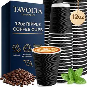 12 oz Insulated Disposable Coffee Cups 3-Layer Ripple Wall Paper Cups for Hot or Cold Drinks No Sleeve Needed, Non-Slip Grip, Sturdy & Heat-Proof To Go Cups for Home, Office, Café Black 24pk 12 oz Insulated Disposable Coffee Cups 3-Layer Ripple Wall Paper Cups for Hot or Cold Drinks No Sleeve Needed, Non-Slip Grip, Sturdy & Heat-Proof To Go Cups for Home, Office, Café Black 24pk
