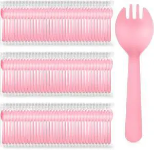 Tioncy 150 Pcs Disposable Plastic Sporks Individually Wrapped Disposable Sporks 4.5'' x 1.26'' 2 in 1 Fork and Spoon Set Serving Utensils for Dessert Restaurant Party Supply(Pink) Tioncy 150 Pcs Disposable Plastic Sporks Individually Wrapped Disposable Sporks 4.5'' x 1.26'' 2 in 1 Fork and Spoon Set Serving Utensils for Dessert Restaurant Party Supply(Pink)