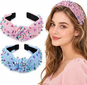 WILLBOND 2 Pcs Pearl Knotted Headbands for Women, Cute Cross Knot Headband | Wide Cross Knot with Colorful Pearls, Twisted Turban Style Accessories, Christmas Spring Easter Daily Wear Gift for Mothers WILLBOND 2 Pcs Pearl Knotted Headbands for Women, Cute Cross Knot Headband | Wide Cross Knot with Colorful Pearls, Twisted Turban Style Accessories, Christmas Spring Easter Daily Wear Gift for Mothers