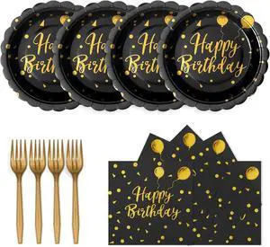 60PCS Happy Birthday Paper Plates and Napkins, 7 Inch Scalloped Black Gold Dot Cake Dessert Plates and Birthday Napkins Disposable Tableware Set for Birthday Party Decorations (Black Gold) 60PCS Happy Birthday Paper Plates and Napkins, 7 Inch Scalloped Black Gold Dot Cake Dessert Plates and Birthday Napkins Disposable Tableware Set for Birthday Party Decorations (Black Gold)