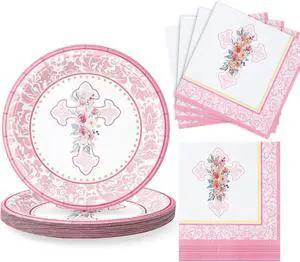 First Communion Paper Plates and Napkins Set, 9 Inch Floral Cross Disposable Plates Napkins Serves 20, Baptism Decorations Christening First Holy Communion Party Table Supplies First Communion Paper Plates and Napkins Set, 9 Inch Floral Cross Disposable Plates Napkins Serves 20, Baptism Decorations Christening First Holy Communion Party Table Supplies