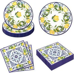 50PCS Lemon Paper Plates and Napkins Party Supplies Blue Lemon Disposable Tableware for Summer Party Yellow Lemons Party Plates Supplies for Birthday Wedding Baby Shower, Serves 25 50PCS Lemon Paper Plates and Napkins Party Supplies Blue Lemon Disposable Tableware for Summer Party Yellow Lemons Party Plates Supplies for Birthday Wedding Baby Shower, Serves 25