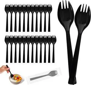 50-Pack Individually Wrapped Disposable Forks with Scoop Design, 6.3 Inch Heavyweight Black Plastic Spork Utensils for Desserts, Restaurant, Takeout, Catering & Events 50-Pack Individually Wrapped Disposable Forks with Scoop Design, 6.3 Inch Heavyweight Black Plastic Spork Utensils for Desserts, Restaurant, Takeout, Catering & Events