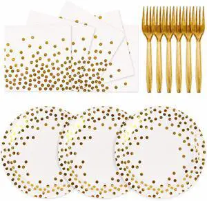 75PCS Paper Plates and Napkins Set, White and Gold Dot | Disposable Party Dinnerware, Includes Paper Plates, Napkins, Forks 75PCS Paper Plates and Napkins Set, White and Gold Dot | Disposable Party Dinnerware, Includes Paper Plates, Napkins, Forks