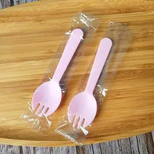 100PCS Disposable Sporks, Individually Wrappe Eco-Friendly Durable Plastic Spork, 2 in 1 Forks and Spoons Great for Lunch, Picnics or Restaurant and Party Supply (Pink) 100PCS Disposable Sporks, Individually Wrappe Eco-Friendly Durable Plastic Spork, 2 in 1 Forks and Spoons Great for Lunch, Picnics or Restaurant and Party Supply (Pink)