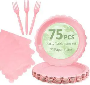 Mulbozy 75 Pink Paper Plates and Napkins Disposable Set for Party,7in | 25 Cute Pink Dessert Cake Plates, 25 Cocktail Napkins & Forks for Baby Girl Shower Birthday Party, Valentines, Tea Party Mulbozy 75 Pink Paper Plates and Napkins Disposable Set for Party,7in | 25 Cute Pink Dessert Cake Plates, 25 Cocktail Napkins & Forks for Baby Girl Shower Birthday Party, Valentines, Tea Party