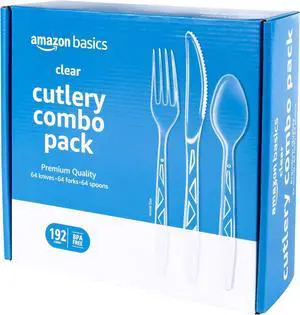 Amazon Basics Disposable Clear Plastic Cutlery Set, Premium Quality, Strong, 192 Count, Large Combo Pack Forks, Spoons and Knives Amazon Basics Disposable Clear Plastic Cutlery Set, Premium Quality, Strong, 192 Count, Large Combo Pack Forks, Spoons and Knives