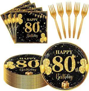 80th 7 inch Birthday Party Paper Plates and Napkins Forks,Serve 20 | 60 pcs Black Gold Birthday Decorations for Boys Girls Tableware Set for Anniversary Party Supplies 80th 7 inch Birthday Party Paper Plates and Napkins Forks,Serve 20 | 60 pcs Black Gold Birthday Decorations for Boys Girls Tableware Set for Anniversary Party Supplies