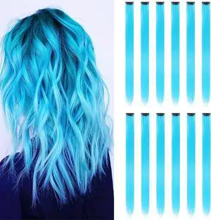 12PCS Colored Sky Blue Hair Extensions 22 Inch | Colorful Clip in Hair Extensions Straight Synthetic Hairpieces for Women Kids Girls Halloween Christmas Cosplay 12PCS Colored Sky Blue Hair Extensions 22 Inch | Colorful Clip in Hair Extensions Straight Synthetic Hairpieces for Women Kids Girls Halloween Christmas Cosplay