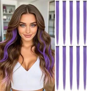 10 Pcs Colored Clip in Hair Extensions - 22 Inch Straight Synthetic Colored Hairpieces for Women Kids Girls | Party Highlights (Purple) 10 Pcs Colored Clip in Hair Extensions - 22 Inch Straight Synthetic Colored Hairpieces for Women Kids Girls | Party Highlights (Purple)