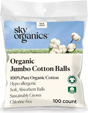 Sky Organics Organic Jumbo Cotton Balls 100ct, Ultra-Soft, Chlorine-Free | Hypoallergenic Organic Cotton For Skincare, Self-Care And Everyday Use. Gentle, Absorbant, Sustainable, Vegan & Cruelty-Free. Sky Organics Organic Jumbo Cotton Balls 100ct, Ultra-Soft, Chlorine-Free | Hypoallergenic Organic Cotton For Skincare, Self-Care And Everyday Use. Gentle, Absorbant, Sustainable, Vegan & Cruelty-Free.