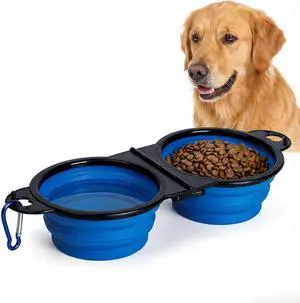 Double Collapsible Dog Bowls for Travel, Food and Water Set with Clip, Blue | 13.5 oz each, folds flat, carabiner clip, walking, hiking, camping, for small and medium pets Double Collapsible Dog Bowls for Travel, Food and Water Set with Clip, Blue | 13.5 oz each, folds flat, carabiner clip, walking, hiking, camping, for small and medium pets