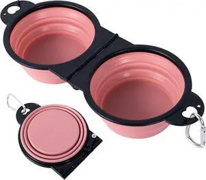 SLSON Collapsible Dog Dual Bowls Reinforced Rim 180 Degrees Flip Over Foldable Double Bowl with Lock Clips More Stable Dog Travel Bowls Pet Food Water Feeder (Light Pink) SLSON Collapsible Dog Dual Bowls Reinforced Rim 180 Degrees Flip Over Foldable Double Bowl with Lock Clips More Stable Dog Travel Bowls Pet Food Water Feeder (Light Pink)