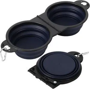 Collapsible Dog Dual Bowls, 2-in-1 with Locking Clip for More Stability 180 Degree Flip Portable Dog Travel Bowl for Water and Food Pet Food Drinker (Dark Blue) Collapsible Dog Dual Bowls, 2-in-1 with Locking Clip for More Stability 180 Degree Flip Portable Dog Travel Bowl for Water and Food Pet Food Drinker (Dark Blue)