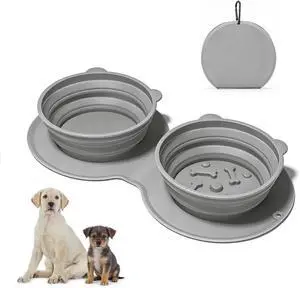 Premium Silicone Collapsible Dog Bowl with Carabiner Clip, 2-in-1 Foldable Double Pet Food & Water Travel Bowl, Portable No-Spill Design for Walking Hiking Camping, for Small Medium Dogs Premium Silicone Collapsible Dog Bowl with Carabiner Clip, 2-in-1 Foldable Double Pet Food & Water Travel Bowl, Portable No-Spill Design for Walking Hiking Camping, for Small Medium Dogs