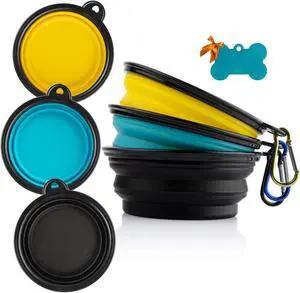 Collapsible Silicone Dog Bowls, 3-Pack Travel Portable Pet Bowls, Small | Yellow & black & light green. 5.1 in wide, 2.1 in tall, folds to 0.5 in. Holds 12 oz water or 1.5 cups food. Includes ID tag. Collapsible Silicone Dog Bowls, 3-Pack Travel Portable Pet Bowls, Small | Yellow & black & light green. 5.1 in wide, 2.1 in tall, folds to 0.5 in. Holds 12 oz water or 1.5 cups food. Includes ID tag.