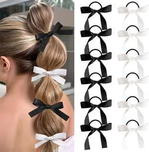 Auseibeely 12PCS Silky Satin Hair Bows Ties for Girls, Bowknot Ribbon Ponytail Holders, Cute Bow Hair Accessories for Bubble Braids, Black & White No Damage Hair Bands Auseibeely 12PCS Silky Satin Hair Bows Ties for Girls, Bowknot Ribbon Ponytail Holders, Cute Bow Hair Accessories for Bubble Braids, Black & White No Damage Hair Bands