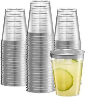PLASTICPRO Disposable 8 oz Crystal Clear Plastic Tumblers With Silver Rim for Party's & Weddings pack of 50 PLASTICPRO Disposable 8 oz Crystal Clear Plastic Tumblers With Silver Rim for Party's & Weddings pack of 50