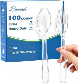 Lamosi 100 Count Extra Heavy Duty Clear Plastic Forks and Spoons | Disposable Plastic Silverware BPA-Free, Heat Resistant for Wedding Party Supplies, 50 Forks, 50 Spoons Lamosi 100 Count Extra Heavy Duty Clear Plastic Forks and Spoons | Disposable Plastic Silverware BPA-Free, Heat Resistant for Wedding Party Supplies, 50 Forks, 50 Spoons
