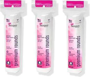Swisspers Premium Cotton Rounds, Dual-Sided, 100 Count (Pack of 3) | Hypoallergenic, Textured Side, Lint-Free Side, Dermatologist-Tested, Chlorine-Free, 300 Total Swisspers Premium Cotton Rounds, Dual-Sided, 100 Count (Pack of 3) | Hypoallergenic, Textured Side, Lint-Free Side, Dermatologist-Tested, Chlorine-Free, 300 Total