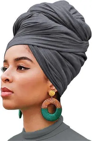 XTREND 1 Piece Stretch Head Wrap Jersey Turban Long Hair Scarf Soft Fashion Headband Solid Color Breathable African Knit Head Scarves Turban Tie for Women (Dark Gray) XTREND 1 Piece Stretch Head Wrap Jersey Turban Long Hair Scarf Soft Fashion Headband Solid Color Breathable African Knit Head Scarves Turban Tie for Women (Dark Gray)