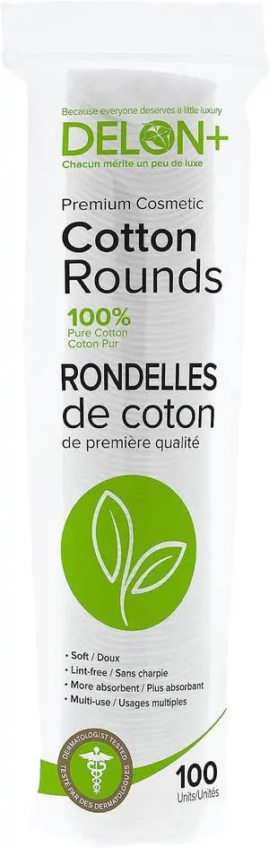 Delon Premium Dual-Sided Cotton Rounds, 100 Count (Pack of 1) Lint-Free, Hypoallergenic, 100% Cotton Pads for Makeup, Skincare & Nails Made in Canada Delon Premium Dual-Sided Cotton Rounds, 100 Count (Pack of 1) Lint-Free, Hypoallergenic, 100% Cotton Pads for Makeup, Skincare & Nails Made in Canada
