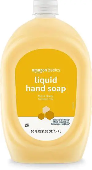 Amazon Basics Liquid Hand Soap Refill, Milk and Honey Scent, Triclosan-Free, pH Balanced, Dermatologist Tested, 50 Fluid Ounces Amazon Basics Liquid Hand Soap Refill, Milk and Honey Scent, Triclosan-Free, pH Balanced, Dermatologist Tested, 50 Fluid Ounces