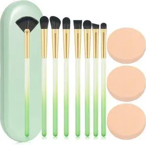 Eye Makeup Brush Set, 8 Pcs Update Synthetic Eyeshadow Brush Angled Eyebrow Brush Lip Brush with 3Pcs Powder Puffs and Green Case Eye Makeup Brush Set, 8 Pcs Update Synthetic Eyeshadow Brush Angled Eyebrow Brush Lip Brush with 3Pcs Powder Puffs and Green Case