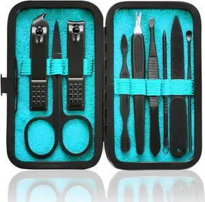 HANTEKAS Manicure Set 9 in 1 Stainless Steel, Nail Clippers Scissors Pedicure Tools Kit - Portable Travel Grooming Kit for Men and Women with Black/Blue Leather Case (Blue) HANTEKAS Manicure Set 9 in 1 Stainless Steel, Nail Clippers Scissors Pedicure Tools Kit - Portable Travel Grooming Kit for Men and Women with Black/Blue Leather Case (Blue)
