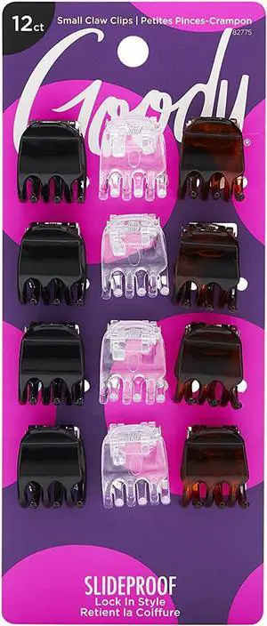 Goody Small Basic Half-Claw Hair Clips, 12-Count 3-Prong Claw Clips for All Hair Types, Neutral Colors (Black, Tortoise, Clear), SlideProof Grip for All-Day Hold Goody Small Basic Half-Claw Hair Clips, 12-Count 3-Prong Claw Clips for All Hair Types, Neutral Colors (Black, Tortoise, Clear), SlideProof Grip for All-Day Hold