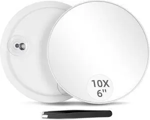 10X Magnifying Mirror with 3 Suction Cups - 6inch Stick on Makeup Mirror | 10X Travel Magnified Mirror, Portable Handheld Magnification Mirror and Slanted Tweezers Set for Travel, Makeup, Bathroom 10X Magnifying Mirror with 3 Suction Cups - 6inch Stick on Makeup Mirror | 10X Travel Magnified Mirror, Portable Handheld Magnification Mirror and Slanted Tweezers Set for Travel, Makeup, Bathroom