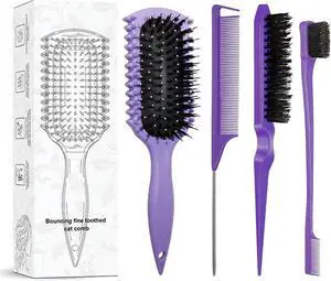 Curl Defining Brush with 3 Pcs Slick Back Hair Set Bristle Edge Control Teasing Comb, For Combing and Shaping in All Hairstyles to Reduce Pulling (Purple) Curl Defining Brush with 3 Pcs Slick Back Hair Set Bristle Edge Control Teasing Comb, For Combing and Shaping in All Hairstyles to Reduce Pulling (Purple)