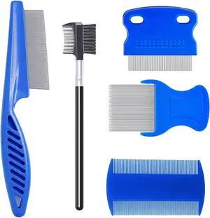 MEDUWEDU 5 Pack Flea & Lice Comb Set for Cats, Dogs & Kids Stainless Steel Fine Tooth Nit Comb Kit with Double-Sided Tear Stain Remover, Grooming Brush & Peine para Piojos for Thick Hair (Blue) MEDUWEDU 5 Pack Flea & Lice Comb Set for Cats, Dogs & Kids Stainless Steel Fine Tooth Nit Comb Kit with Double-Sided Tear Stain Remover, Grooming Brush & Peine para Piojos for Thick Hair (Blue)