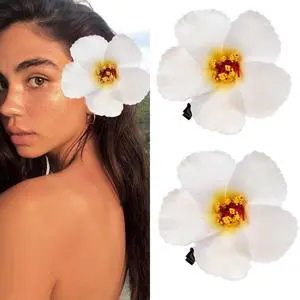 2pc Hawaiian Plumeria Hair Clips Delicate Dew Galsang Flower Barrettes for Beach Party(White) 2pc Hawaiian Plumeria Hair Clips Delicate Dew Galsang Flower Barrettes for Beach Party(White)