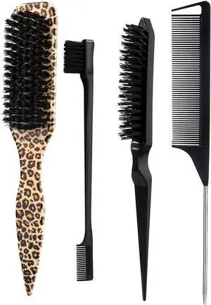 Slick Back Hair Brush Set,Leopard Printed Set,Smoothing Brush for Smooth Flyaways, Frizz, Sleek Ponytail, Buns and Edge Hair Control, Teasing Gel Comb Styling Accessories for Women (Black) Slick Back Hair Brush Set,Leopard Printed Set,Smoothing Brush for Smooth Flyaways, Frizz, Sleek Ponytail, Buns and Edge Hair Control, Teasing Gel Comb Styling Accessories for Women (Black)