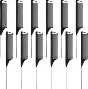 Boao 12 Packs Rat Tail Combs Hair Comb Stainless Steel Pin Tail Carbon Fiber Heat Resistant for Women Braids Hair Styling(Black) Boao 12 Packs Rat Tail Combs Hair Comb Stainless Steel Pin Tail Carbon Fiber Heat Resistant for Women Braids Hair Styling(Black)