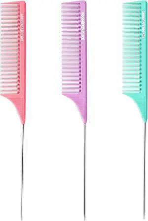 3 PCS Rat Tail Combs with Metal Pick for Braiding,Parting | Parting Rattail Teasing Comb,for Women Girls Curly Hair Detangling,Fine Tooth Comb for Salon Styling Tool(Pink Purple Green) 3 PCS Rat Tail Combs with Metal Pick for Braiding,Parting | Parting Rattail Teasing Comb,for Women Girls Curly Hair Detangling,Fine Tooth Comb for Salon Styling Tool(Pink Purple Green)