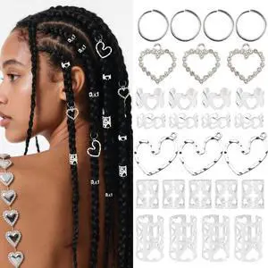 106 PCS Silver Hair Jewelry Clips The Heart Shape Themed for Braids Cuffs Loc Charms Accessories Rings Pendant Metal Jewelry Decoration 106 PCS Silver Hair Jewelry Clips The Heart Shape Themed for Braids Cuffs Loc Charms Accessories Rings Pendant Metal Jewelry Decoration