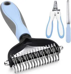 Deshedding Dog Brush - Undercoat Rake for Cats & Dogs - Double Sided Brush for Shedding and Dematting Comb Grooming Tool kit - Nail Clipper & Nail File Deshedding Dog Brush - Undercoat Rake for Cats & Dogs - Double Sided Brush for Shedding and Dematting Comb Grooming Tool kit - Nail Clipper & Nail File