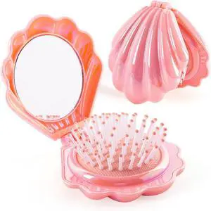 Iridescent Shell Folding Hair Brush with Mirror, Compact Travel Size Mermaid Hair Brush for Purse, Portable Brush Mini Pocket Mirror Massage Comb for Women (PINK) Iridescent Shell Folding Hair Brush with Mirror, Compact Travel Size Mermaid Hair Brush for Purse, Portable Brush Mini Pocket Mirror Massage Comb for Women (PINK)