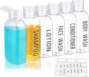 3.4 oz Clear PET Travel Bottles for Toiletries 6-Pack | Reusable, Thick, Tight-Sealing Flip Caps, Print on Label, Permanent Identification Stays, 2 Label Sheets, for Toiletries 3.4 oz Clear PET Travel Bottles for Toiletries 6-Pack | Reusable, Thick, Tight-Sealing Flip Caps, Print on Label, Permanent Identification Stays, 2 Label Sheets, for Toiletries